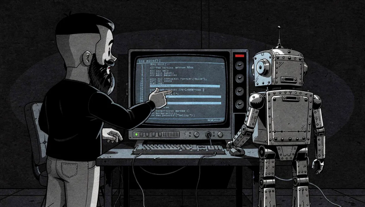 Cartoon Matt Geer character at a terminal with a steampunk robot standing alongside — illustrating how Claude Code works for non-developers
